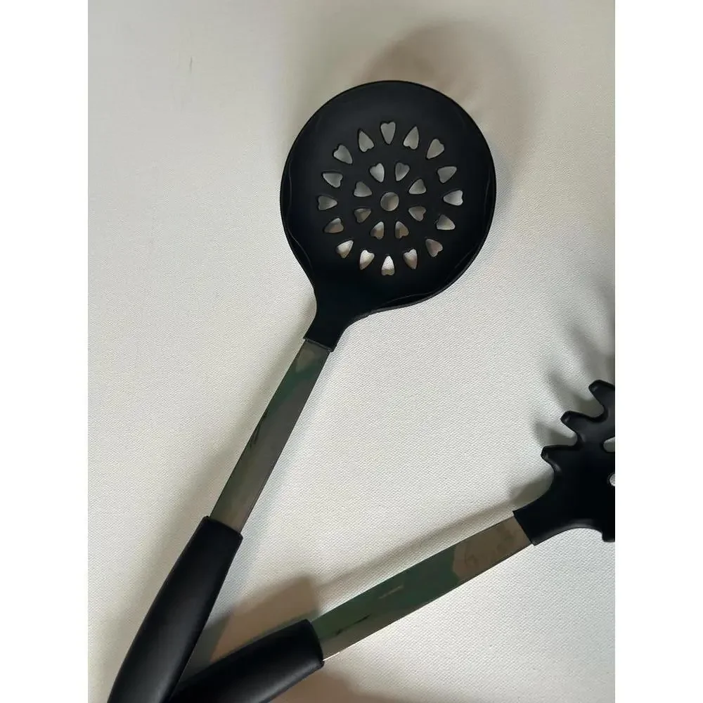 6 piece set of black silicone kitchen utensils with stainless steel handles